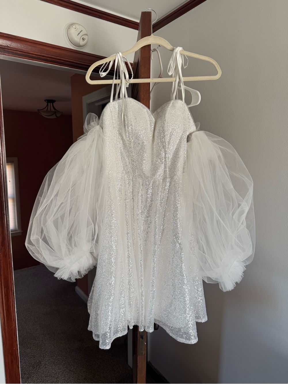 Sparkle White Mini Dress with Sheer Puff Sleeves